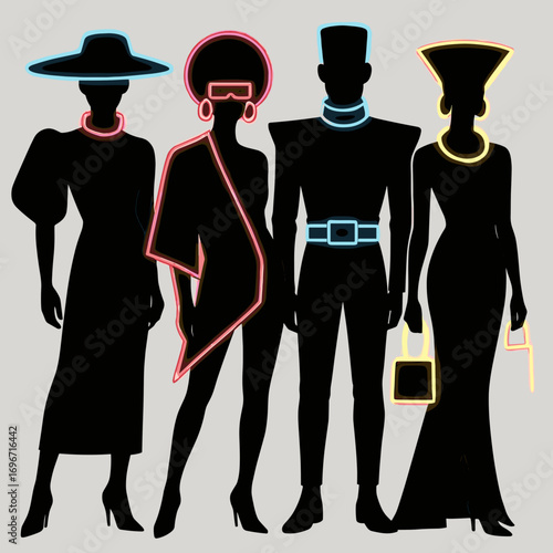 Fashion silhouettes with vibrant neon outlines in stylish poses