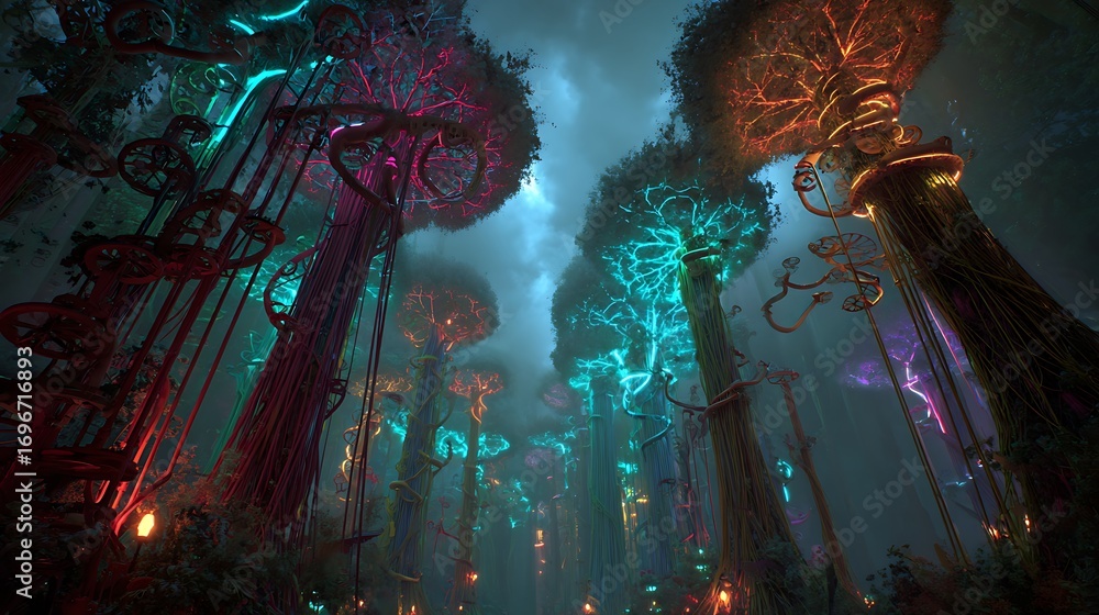 Obraz premium Enchanting bioluminescent forest with surreal glowing trees