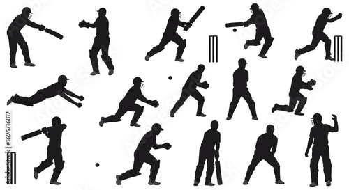 various cricket actions captured in motion silhouette