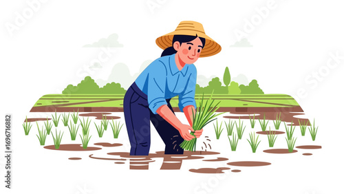 Harmony of Labor: A dedicated farmer, nestled within a tranquil landscape, diligently plants seedlings. The illustration highlights a strong commitment to agriculture.