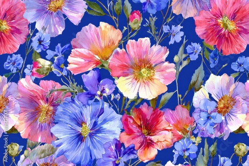 Vibrant Floral Watercolor Pattern on Deep Blue Background.