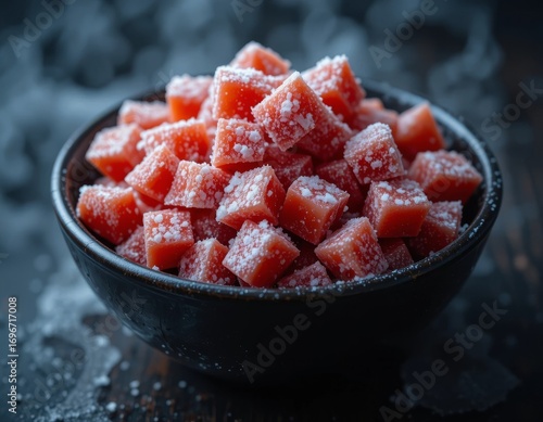 Sweet frozen fruit cubes dusted with frost in a dark bowl perfect for winter treats