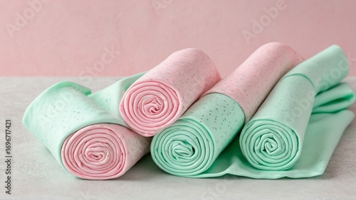 Pastel Pink and Mint Green Rolled Fabric on Smooth Background