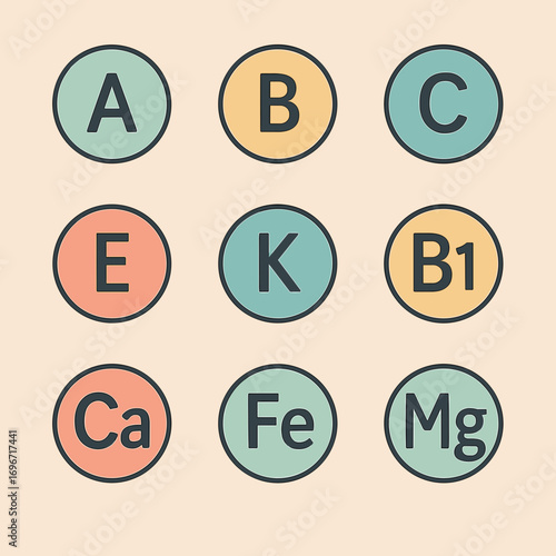 Nutrition vitamins and minerals symbols illustration in circular design