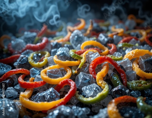 Vibrant bell pepper slices sizzling in smoky steam, a fresh and flavorful culinary concept.