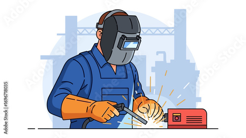 Welding Artisan at Work: A skilled artisan, clad in protective gear, welds with precision, showcasing the spark and intensity of the industrial process.
