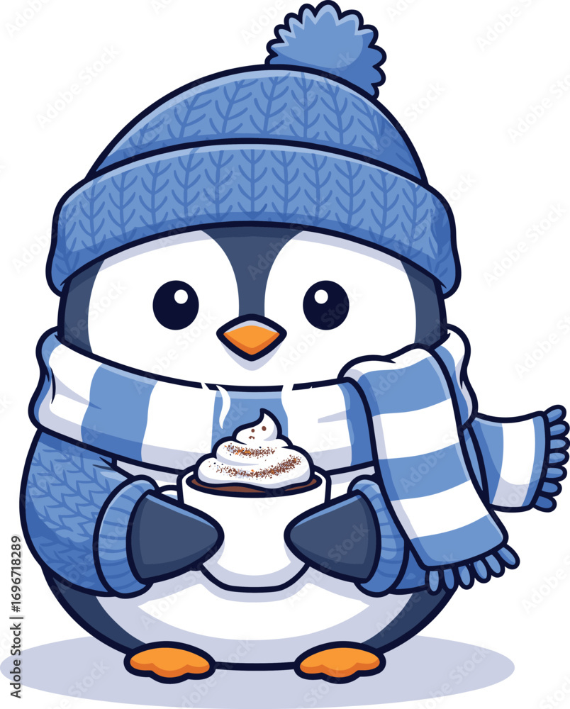 Fototapeta premium Cute penguin wearing a blue hat and scarf holding a warm drink