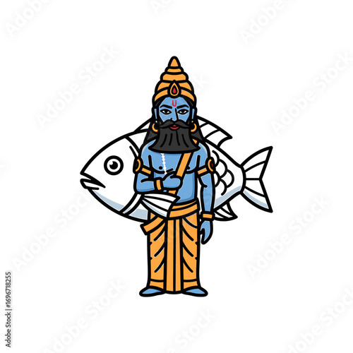 Cartoon illustration of Matsya, the fish avatar of Vishnu, standing in front of a large fish.