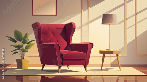A stylish contemporary living room with a red armchair and comfortable sofa