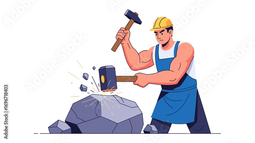 Artisan in Action: A diligent artisan, clad in work attire, meticulously sculpts a rugged stone, their focused energy and dedication etched into every hammer strike.