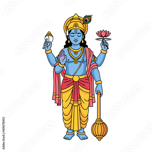 Illustration of Vishnu, a Hindu deity, standing with four arms, holding a conch, lotus, and mace.