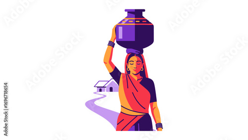 Woman Carrying Water Pot: Depicting an illustration, a woman gracefully balances a water pot on her head. She walks along a winding path towards a small home.