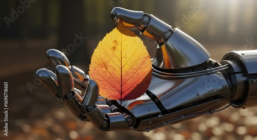futuristic robot hand gently holding a single, colorful autumn leaf with a blurred natural forest background