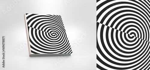 Hardcover book layout. Circular black and white pattern cut in half and offset. Abstract striped background. Cover design template. Vector illustration for brochure, planner, notebook or notepad.
