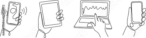 "Continuous line drawing of hands holding devices, smartphone, tablet, laptop, modern technology usage, digital interaction, communication, minimalist tech illustration, blue line vector."