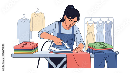 Ironing Day: A woman meticulously irons clothes on an ironing board, surrounded by neatly folded garments, exuding an atmosphere of home care and everyday tasks.