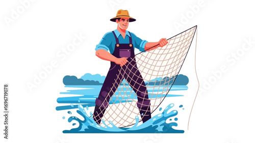 Fisherman in Action: A determined fisherman, clad in waterproof overalls and a hat, stands in the shimmering water, skillfully casting a fishing net with expert precision to capture the day's catch. 