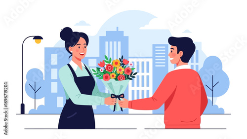 A Floral Exchange: A person joyfully accepts a bouquet of vibrant flowers from another, set against a scenic urban backdrop, this illustration encapsulates the warmth of sharing and connection.