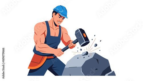 Breaking Rock: A construction worker in action, using a hammer to break a stone