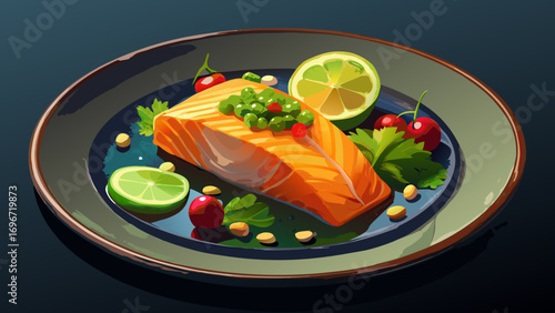 Freshly grilled salmon steak dinner on a plate with vibrant vegetables and a delicious tomato salad