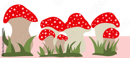 Sfondo con funghetti rossi a pois rosa, illustrazione vettoriale, banner 
