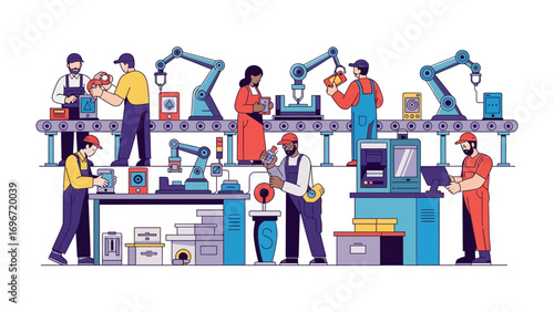 Modern Factory Production Line: A dynamic scene unfolds within a contemporary factory setting, showcasing the intricate dance of automation and human expertise on an industrial production line.