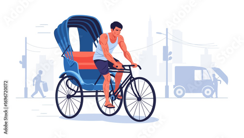 Manual Rickshaw on the Street: An illustration of a man pedaling a rickshaw down a bustling city street, set against the backdrop of urban life, capturing a glimpse of culture and transportation.