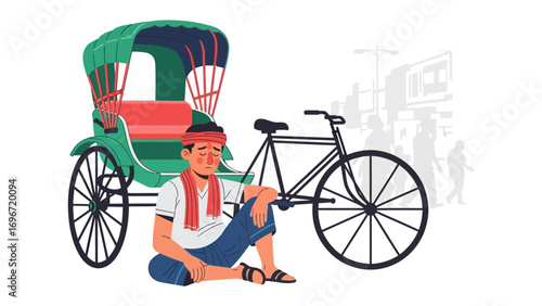 Rickshaw Driver's Rest: A moment of calm as a rickshaw driver rests beside his vehicle, symbolizing a blend of daily life and the charm of traditional transport.