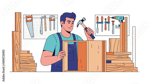 Craftsman at Work: An image of skilled craftsman meticulously working with wood in his workshop. The image features a well-equipped workshop with a variety of tools and materials.