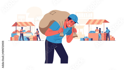 The Burden of Labor: An illustration captures a worker strained by the heavy load on his back as he navigates a bustling marketplace, with colorful stalls brimming with goods in the background.