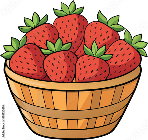 A delicious red strawberry, with its fresh green leaf, is nestled in a basket in this isolated vector illustration