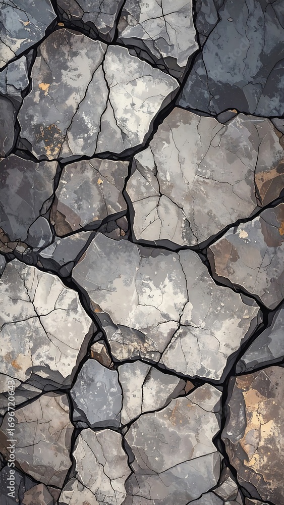 Fototapeta premium A detailed, textured pattern of cracked stone, showcasing a multitude of gray and muted tones, exhibiting a rough and weathered surface.