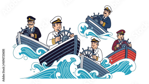 Captains at Sea: Illustrated image depicts a fleet of captains navigate their vessels through the rolling waves, exuding confidence and mastery of the sea.