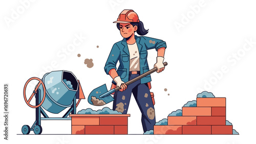 Hardworking Construction Worker: A dedicated construction worker, clad in a vibrant uniform and safety gear, diligently works at a construction site using a shovel and tools to build and achieve.