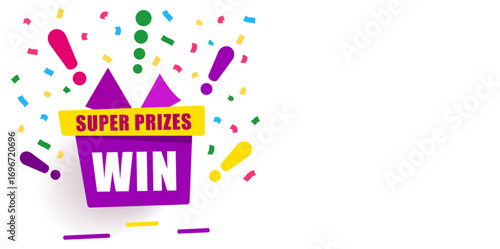 Super prizes win on violet gift box, loyalty program reward. Holiday gift box. Wonder gift with exclamation mark and confetti. Vector icon in modern flat style