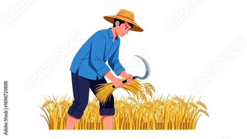 Harvest Time: A diligent farmer works diligently to cut the wheat, embodying the essence of agricultural labor in a field of golden wheat. 