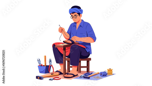 Artisan Crafting in Tradition: An artisan, focused on his craft, sits diligently. Surrounded by his tools, meticulously shaping and repairing the sandal, symbolizing skill and heritage. 