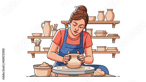 Artisan at Work: A skilled artisan meticulously molds clay on a potter's wheel, transforming a lump of earth into a vessel of art amidst a backdrop of shelves lined with handcrafted pottery.
