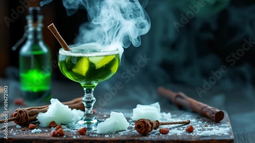 Enchanting Elixir: A mystical cocktail steams, showcasing a vibrant green hue, rimmed with a delicate cinnamon stick, creating an atmosphere of intrigue and fantasy.