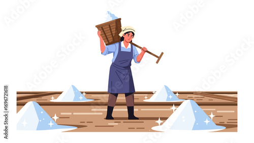 Salt Farmer in the Field: A resilient salt farmer diligently working in a sun-drenched salt field.