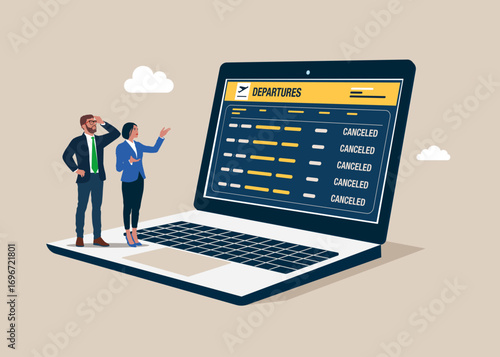 Business people see at schedule board with information about canceled flights in international airport on screen laptop. Flat vector illustration