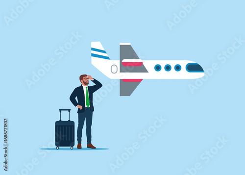 Businessman with luggage missed a plane and very upset. Flat vector illustration