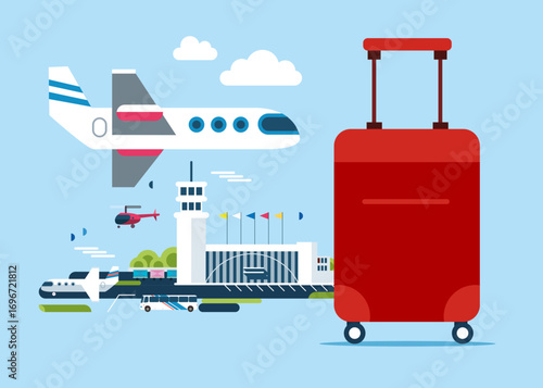 Travel suitcase with wheel against the backdrop of the airport. Traveler, vacations, adventures, tourism and tourist. Flat vector illustration
