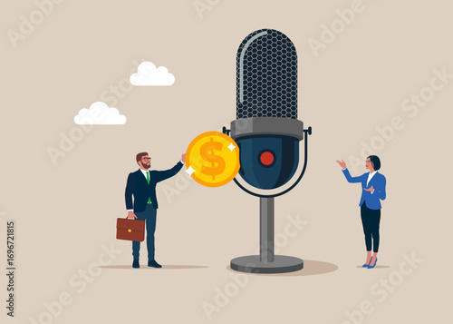 Bribe and corruption. Businessman inserting a coin into the microphone. Debate before vote. Political parties conducting discussion on public debates. Politicians talk, meeting and discuss problems. 