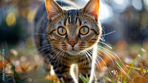 A playful cat lies in the grass, gazing intently at its surroundings, watching the world go by in a bright, sunny garden