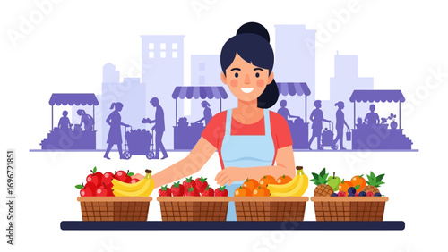 Fresh Produce Display: A smiling vendor at an outdoor market, surrounded by an array of colorful fruits, offers a snapshot of fresh produce, community connection.
