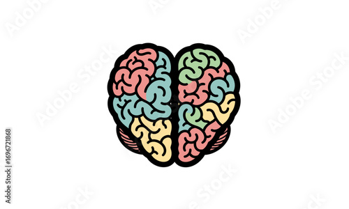 Stylized colorful human brain illustration with distinct multicolored lobes and a bold black outline.