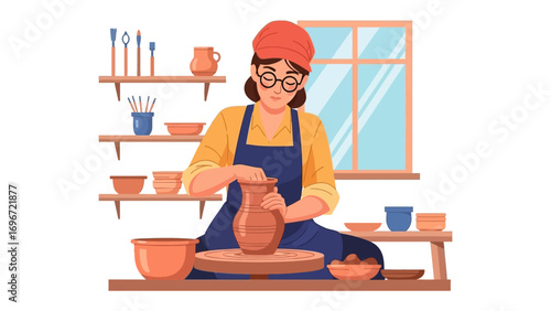Crafting Artistry: A dedicated artisan, adorned in glasses and a headscarf, passionately molds clay on a pottery wheel, immersed in the artistic creation process.