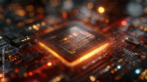 close-up of abstract AI processing unit, glowing qubits, quantum computing elements, intricate circuitry patterns, futuristic red and orange glow, depth of field, highly detailed, computational power