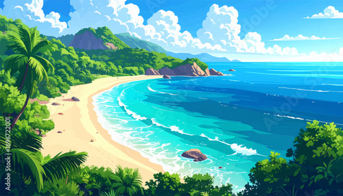 Serene tropical beach with turquoise water. Calm beach scene with distant mountains. Tranquil coast with vibrant green foliage. Beach paradise with clear blue waters. Lush tropical shore gentle waves